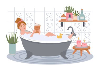 Kadının köpüklü banyosu ve kitap okuması. Banyo illüstrasyonunda kadın ya da kadın vektörü. Vücut yıkama ve bakım