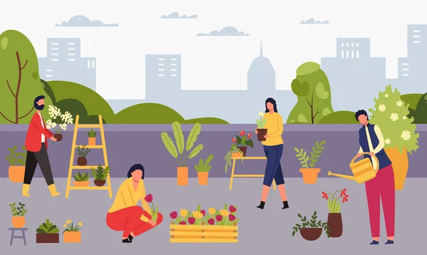 Urban Gardening People Growing Flower Plants Vector Garden Plant Urban — Stock Vector