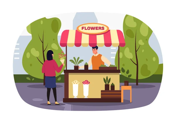 Wanita Membeli Bunga Kios Ritel Jalan Vektor Dari Gambar Jalan - Stok Vektor