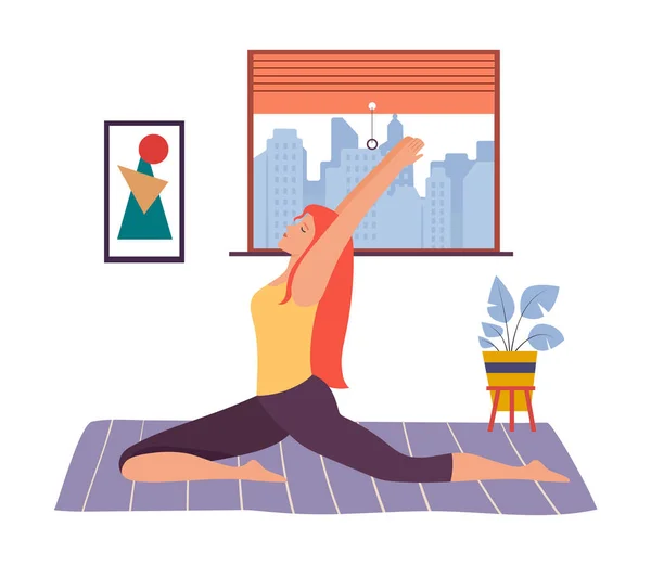 Mujer Practicando Yoga Casa Deporte Fitness Del Yoga Ejercicio Físico — Vector de stock