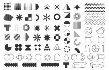 Retro geometrik şekiller. Modern tasarım, çizgili mozaik ve süslemeli şablon için soyut asgari çizgiler ve daireler. Geometrik asgari grafik çiziminin vektör kümesi