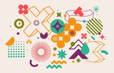 Soyut geometrik yerleşim. Basit şekilli Kaos Bauhaus avangard bayrağı, broşür ve dergi kapağı için minimum modern kolaj. Kaos veya Bauhaus kapak illüstrasyonunun vektör kümesi