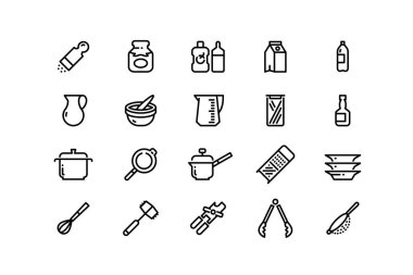 Donanım çizgisi simgeleri pişiriliyor. Mutfak gereçleri ve aksesuarlar ketçap ve hardal sosu, ölçü kabı kızartma tavası ve yiyecek kapları. Mutfak aletleri çizgisi çiziminin düzenlenebilir vektör vuruşu
