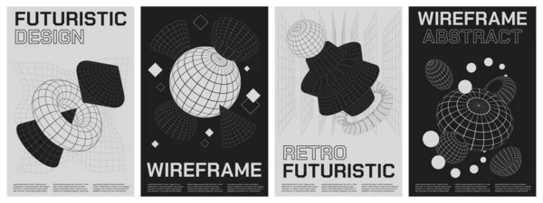 現代のワイヤーフレームポスター 異なるサイズ 80年代と90年代の幾何学的なアートワークのレトロな未来的な現代的なグリッド形状 ベクトルパンフレットのデザインモックアップ ワイヤーフレームのイラスト 未来のサイケデリックと — ストックベクタ