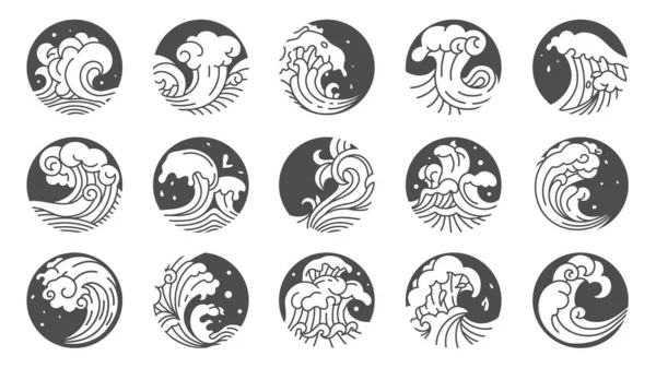 日本の波ロゴ 寿司カフェやレストラン 抽象的な水のリップルパターンのための東洋の伝統的な装飾波パターン 装飾的なロゴイラストのベクトル分離セット — ストックベクタ