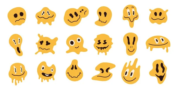 Emotikon Terdistorsi Karakter Emoji Abstrak Psikedelik Dengan Menetes Tersenyum Cemberut - Stok Vektor