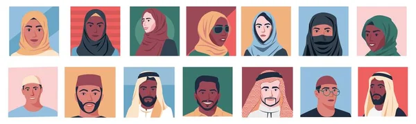 中東の人々のアバター ユーザープロファイル 漫画アラビア語の男性と女性の文字のための男性と女性の肖像画多様な人種の概念 女性と男性のイスラムイラストのベクトルセット — ストックベクタ