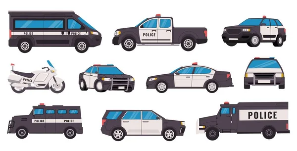 Поліцейські Машини Автомобіль Безпеки Сиреною Поліцейський Вантажівка Транспорт Захисту Порятунку — стоковий вектор