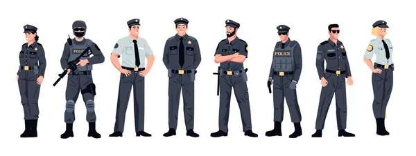 卡通警察女警角色 制服警察小组 警卫和安全执法概念 矢量隔离的一组警察人物女警插图 — 图库矢量图片
