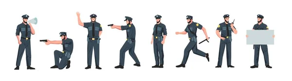 警察角色 不同姿势的卡通警察 卡通巡警和身着制服的卫兵在从事治安司法工作 警察警员图解向量集 — 图库矢量图片