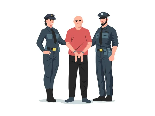 Police Arrest Policeman Policewoman Arresting Criminal Handcuffs Cartoon Detective Officers — Stock Vector