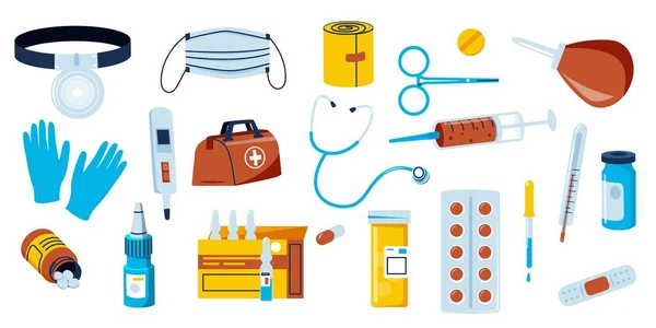 医療機器を捨てなさい 漫画の医薬品要素薬抗生物質薬 健康治療薬薬局の概念 医療漫画のドアイラストのベクトルセット — ストックベクタ