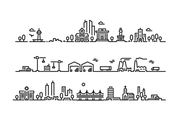 Лінія Панорама Міста Міський Вуличний План Хмарочосами Міських Будівель Нерухомості — стоковий вектор