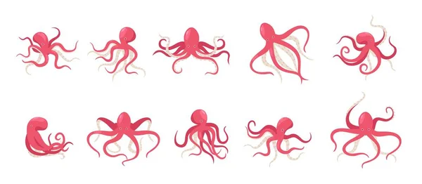 Zeichentrickkrake Verspielter Roter Oktopus Verschiedenen Haltungen Und Ausdrucksformen Unterwasserwesen Vektor — Stockvektor