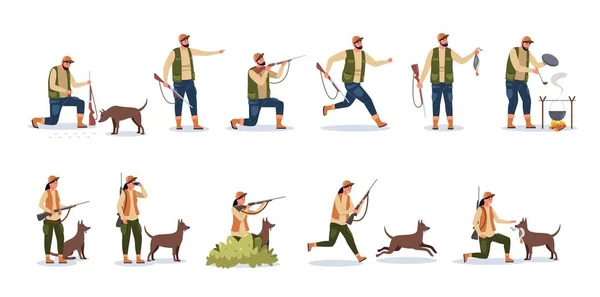 Hunter Character Cartoon Person Hunting Dog Pointing Weapon Hunter Male — Stock Vector
