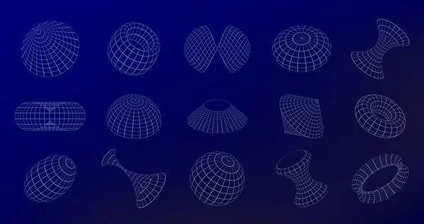 Formes Géométriques Wireframe Grille Formes Rétrofuturistes Disposées Perspective Avec Sens — Image vectorielle