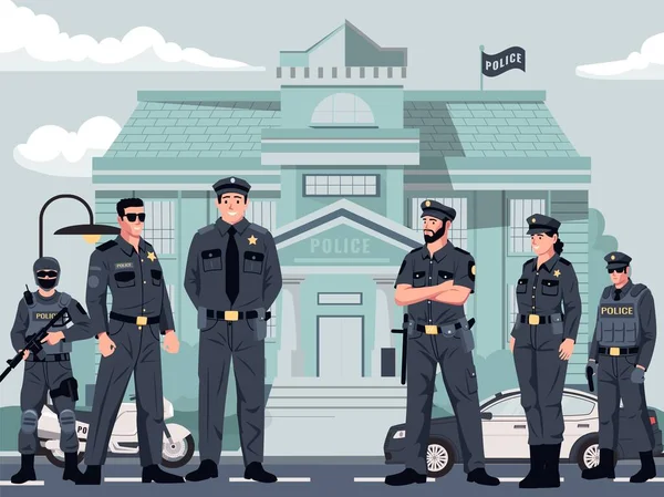 Comisaría Exterior Del Departamento Ciudad Con Patrullas Oficiales Policía Oficina — Archivo Imágenes Vectoriales