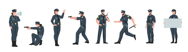 警察和女警察 不同姿势的男女警察 在执法部门工作的卡通人物 向量平面职业专业人物形象图解 — 图库矢量图片