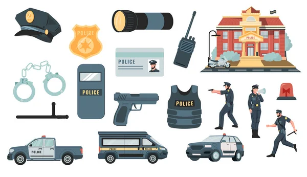 Police Equipment Policeman Bulletproof Vest Badge Car Handgun Flashlight Cartoon — Stock Vector