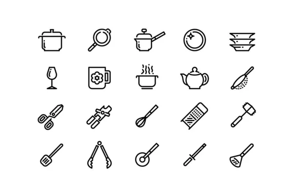 Піктограми Лінії Кухонного Посуду Чистий Посуд Приготування Сковороди Смажити Сковороду — стоковий вектор