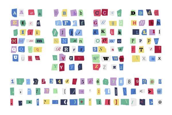 Ransom Lettertype Kleurrijke Criminele Hoofdletters Kleine Letters Cijfers Leestekens Uitgesneden — Stockvector