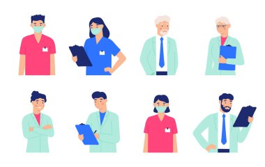 Beyaz önlüklü doktorlar Avatar 'ı hazırladı. Üniformalı vektör avatar doktoru, hastane ve klinik mesleği çizimi