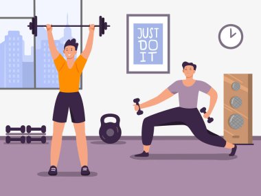 Beden eğitimi ve spor salonunda egzersiz. Spor jimnastik ve antrenman, vektör illüstrasyonu