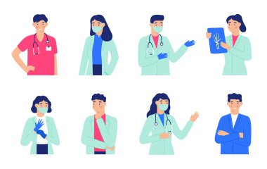 Hastane personeli. Beyaz önlüklü doktorlar portre çiziyor. Hastane sağlık personeli vektörü, steteskoplu doktor, karakter mesleği resmedilmesi