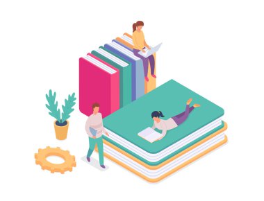 Isometric online kütüphane, eğitim için kitap yığını. Eðitim bilgisinin vektörü, izometrik kitap kütüphanesi, öðrenci öðrenimi resimlemesi