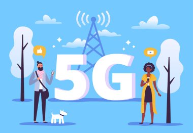 Mobil 5G bağlantısı. Akıllı telefonları olan insanlar yüksek hızlı internet kullanır. Akıllı telefon teknolojisinin vektörü 5G, kablosuz internet ağı illüstrasyonu
