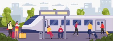 İstasyondakiler. Bagajlı kadın ve erkek karakterler tren istasyonunda araç bekliyorlar. Ulaşım istasyonu demiryolu taşıyıcısı, ulaşım treni illüstrasyonu