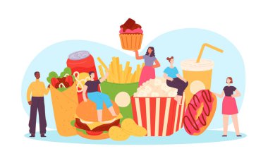 Minik erkekler ve kadınlar fast food sever. Fast food, sandviç ve abur cubur, soda ve patates resimli kadın ve erkek vektörü