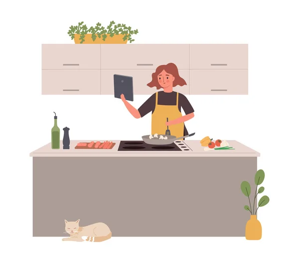 Blogueiro Cozinha Cartoon Pessoa Preparar Alimentos Streaming Vlogger Culinária Moda — Vetor de Stock