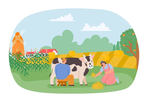 Saison Des Récoltes Agriculteurs Sur Plantation Collecte Maïs Vecteur Plantation — Image vectorielle