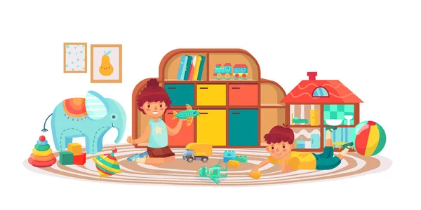 儿童在游戏室玩玩具 男孩和女孩在儿童室玩玩具 病媒漫画幼儿园插图 — 图库矢量图片