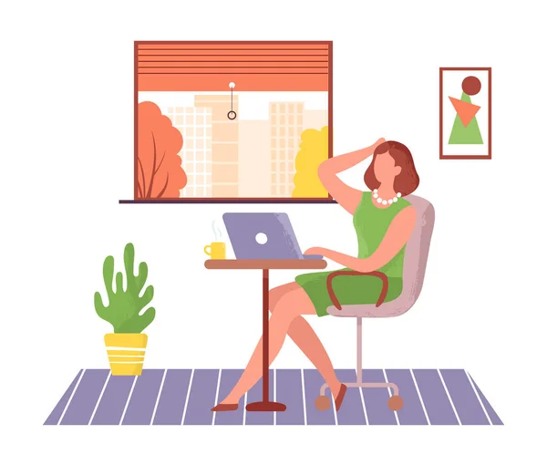 Woman Working Online Laptop Freelance Business Work Online Woman Laptop — Stock Vector
