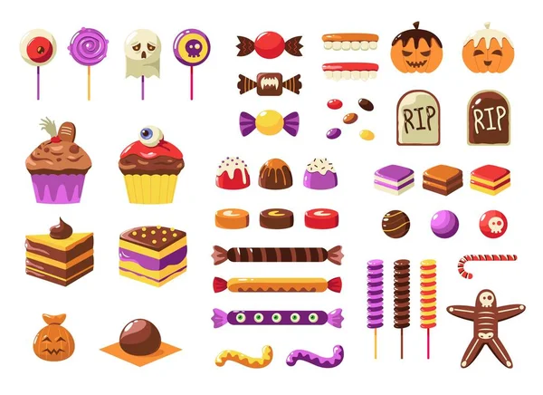 Halloween Cukorka Rajzfilm Színes Édes Bár Gyerekeknek Csokoládé Sütőtök Édesgyökér — Stock Vector