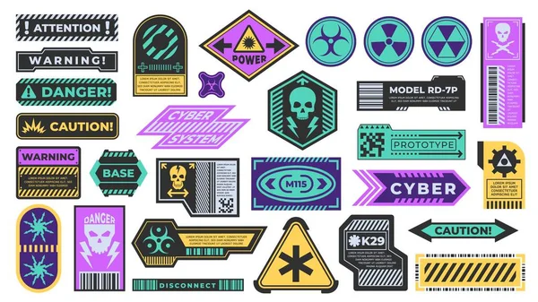 Decalque Cyberpunk Etiqueta Advertência Para Segurança Aviso Design Faixa Preta —  Vetores de Stock