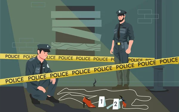 警察の現場だ 刑事の殺人事件の捜査 犠牲者の死体はチョークで追跡された 仕事中の犬と警察官 犯罪警察のシーンのベクトルイラスト — ストックベクタ