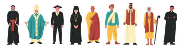 Din karakterleri. Farklı dini kilise liderleri, Budist keşiş Hristiyan rahip haham yahudi müslim molla, inanç. Dini karakterlerin çizgi film vektör kümesi, din farklı illüstrasyonlar