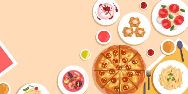 İtalyan mutfak afişi. Akdeniz doğal gıda ürünleri, zeytinyağı, pizza, İtalyan gıda etiketi tasarımı geleneksel mutfak restoranları için. Malzeme İtalyan yemek resimleriyle vektör arkaplanı
