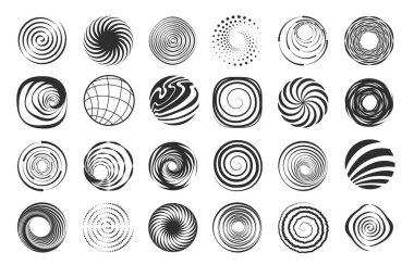 Spiral şekiller. Soyut girdap geometrik şekiller, modern dalgalı dairesel soyut elementler, hareket eden siyah sınır tasarım elementleri. Tasarımın vektör kümesi girdap geometrik çizim