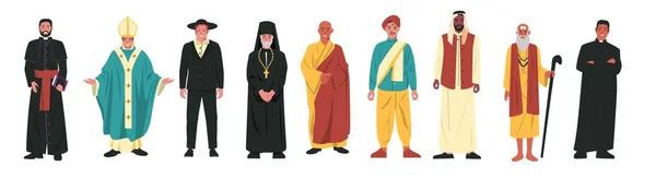 宗教人物 不同的宗教领袖 佛教徒 基督教僧侣 犹太教士 穆斯林 具有宗教特征的卡通矢量集 宗教不同的图解 — 图库矢量图片