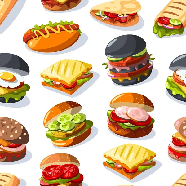 バーガー サンドイッチのパターン ファーストフードサンドイッチのシームレスな印刷 チーズトマトレタス玉ねぎバーベキューソースと塩とハンバーガー 食品パターンのベクトル図シームレス — ストックベクタ