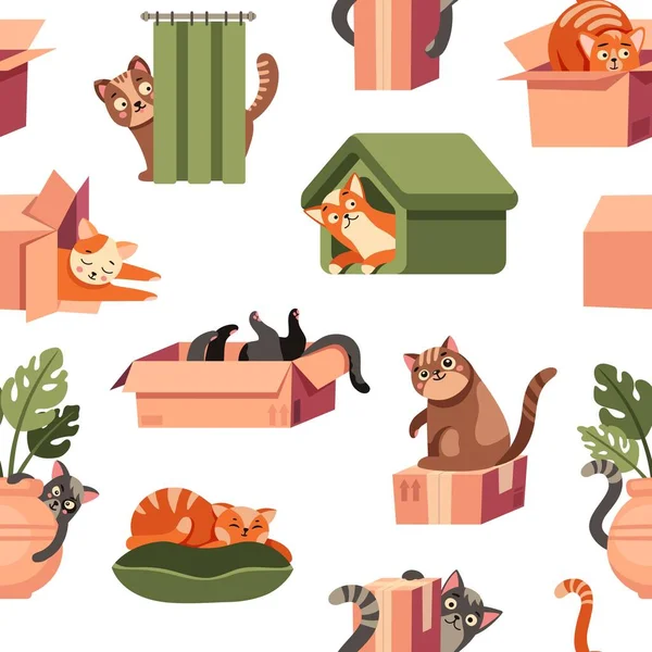 Katzenmuster Spielen Nahtloser Druck Von Cartoon Verspielte Kätzchen Charaktere Katzen — Stockvektor