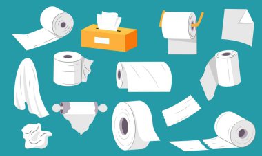 Kağıt havlu hazır. Banyo için beyaz peçete rulosu, tuvalet kağıdı tarzı, hijyen peçetesi ve temiz peçete tutacağı. İzole edilmiş banyo havlusu ve kağıt rulo illüstrasyonları.