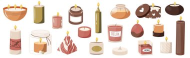 Aroma mumları. Çizgi film kokulu mum, balmumu ve parfümlü mum, spa terapisi dekorasyonu farklı şekillerde. Balmumundan, hafif aromadan ve kokulu resimden izole edilmiş bir mum kümesi