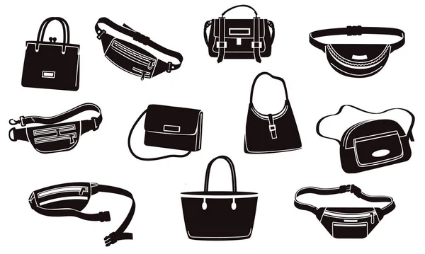 Handbag Silhouettes Luxury Black Purse Accessories Fashion Handbag Set Money — Stock Vector