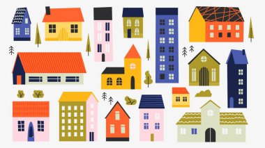 Cute town buildings. Cartoon village houses exterior, variable old doodle wooden house in flat style, real estate architecture. Vector isolated set of architecture exterior home illustration clipart