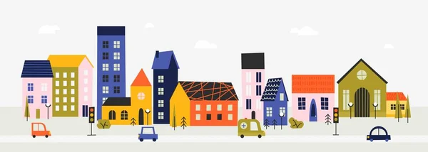 水平町の風景 ダウンタウンエリアの建物と都市のパノラマ 建築物と漫画村の通り 都市景観都市のベクトル図 — ストックベクタ